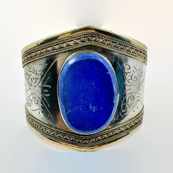 Lapis Bracelet, Afghan, Kuchi Jewelry, Silver Cuff, Brass, Mixed Metal, Vintage - Picture 6 of 6